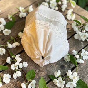 Vintage White Cotton Baby Bonnet w/ Intricate Lace and Satin Ribbon Ties